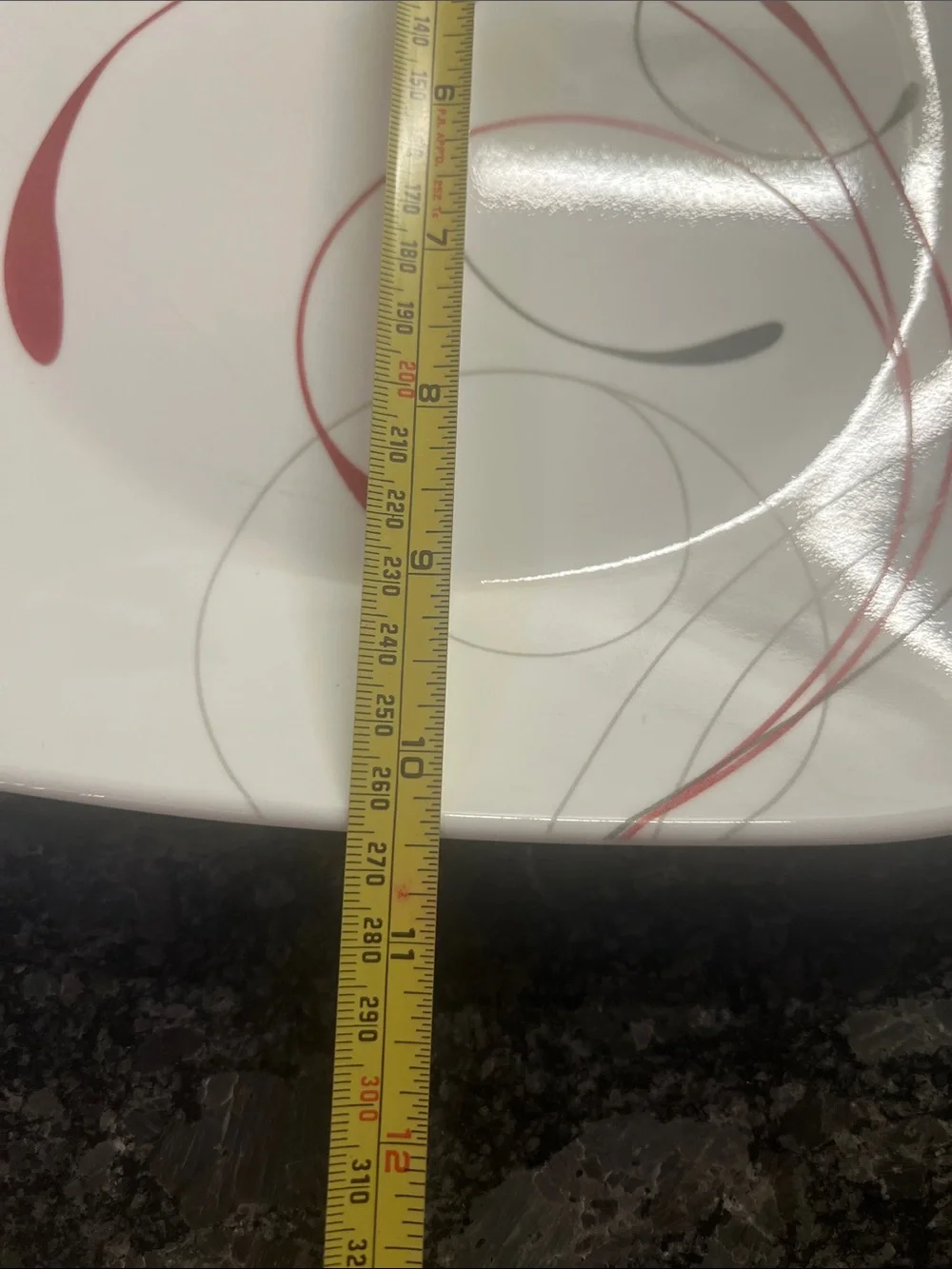 Corelle Splendor Square White Dinner Plates with Red & Gray Swirl Accent